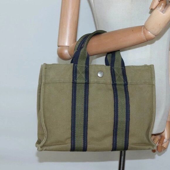HERMES Fourre Tout PM Hand Bag Canvas Green Gray Auth - Picture 1 of 16
